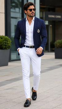 Purple Pinstripe Blazer With White Pants - Suit - Party Blazer