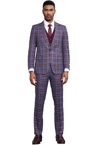 Men's Stacy Adams Bold Windowpane Plaid Print Vested Suit in Lavender & Purple