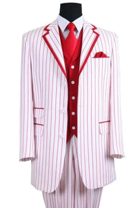 Candy Stripe Suit Mens 3 Button Vested Barbershop Quartet Suin in White with Red Pinstripes