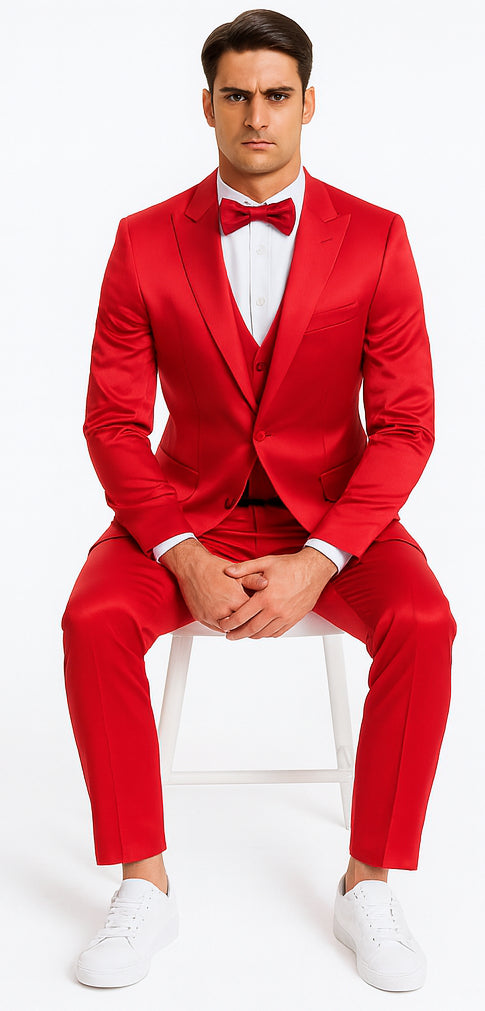 Red Satin Double Breasted Peak Lapel 3 Piece Skinny Fit Tazzio Men's Suit with Matching Bowtie