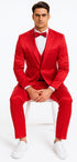 Red Satin Double Breasted Peak Lapel 3 Piece Skinny Fit Tazzio Men's Suit with Matching Bowtie