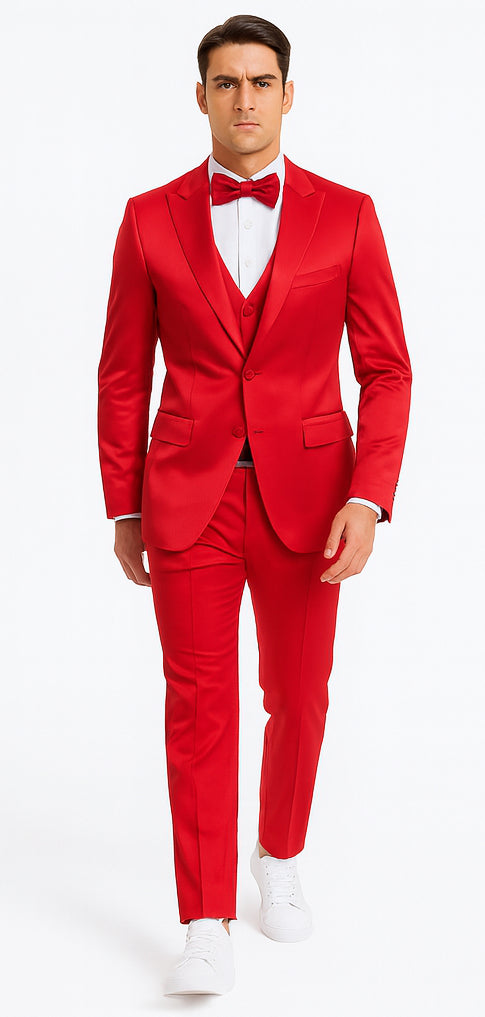 Red Satin Double Breasted Peak Lapel 3 Piece Skinny Fit Tazzio Men's Suit with Matching Bowtie