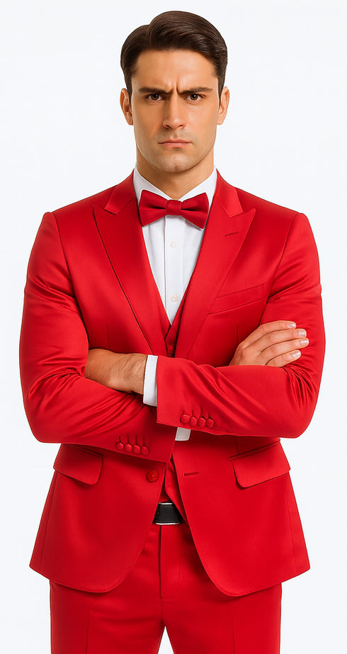 Red Satin Double Breasted Peak Lapel 3 Piece Skinny Fit Tazzio Men's Suit with Matching Bowtie