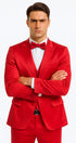Red Satin Double Breasted Peak Lapel 3 Piece Skinny Fit Tazzio Men's Suit with Matching Bowtie