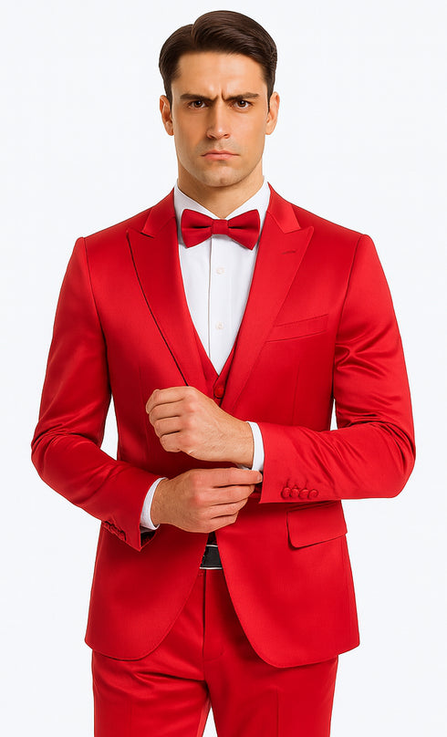 Red Satin Double Breasted Peak Lapel 3 Piece Skinny Fit Tazzio Men's Suit with Matching Bowtie