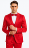 Red Satin Double Breasted Peak Lapel 3 Piece Skinny Fit Tazzio Men's Suit with Matching Bowtie