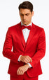 Red Satin Double Breasted Peak Lapel 3 Piece Skinny Fit Tazzio Men's Suit with Matching Bowtie