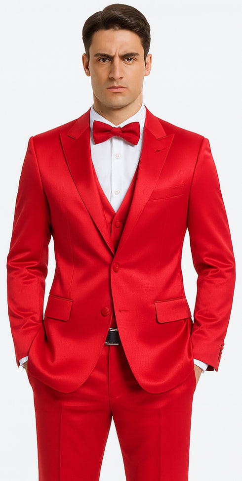Red Satin Double Breasted Peak Lapel 3 Piece Skinny Fit Tazzio Men's Suit with Matching Bowtie