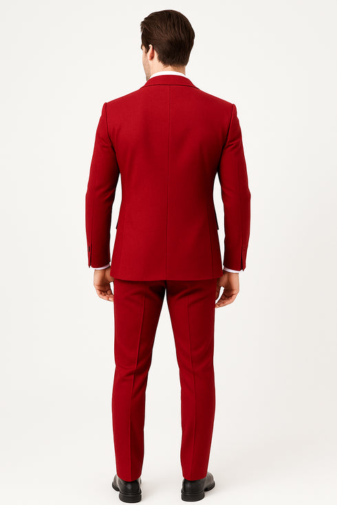 Red Slim Fit Peaked Lapel Wedding Groomsmen Suit with 3 Pieces