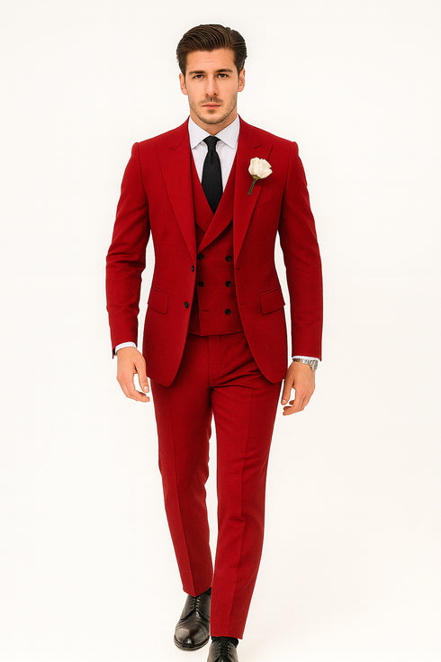 Red Slim Fit Peaked Lapel Wedding Groomsmen Suit with 3 Pieces