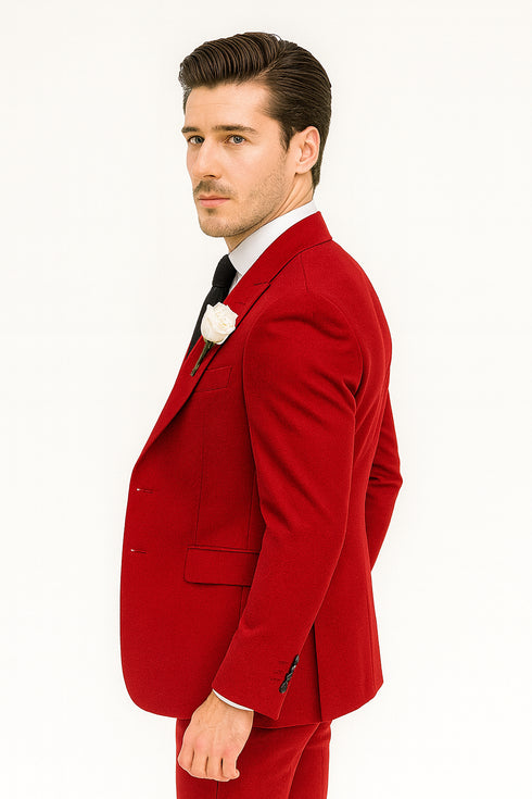 Red Slim Fit Peaked Lapel Wedding Groomsmen Suit with 3 Pieces