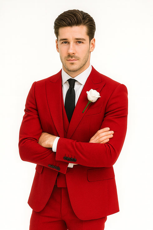 Red Slim Fit Peaked Lapel Wedding Groomsmen Suit with 3 Pieces