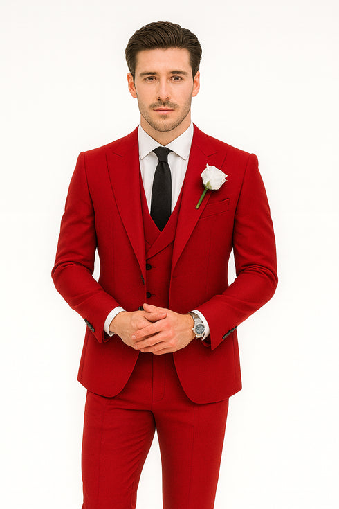 Red Slim Fit Peaked Lapel Wedding Groomsmen Suit with 3 Pieces