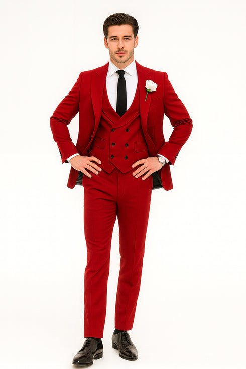 Red Slim Fit Peaked Lapel Wedding Groomsmen Suit with 3 Pieces
