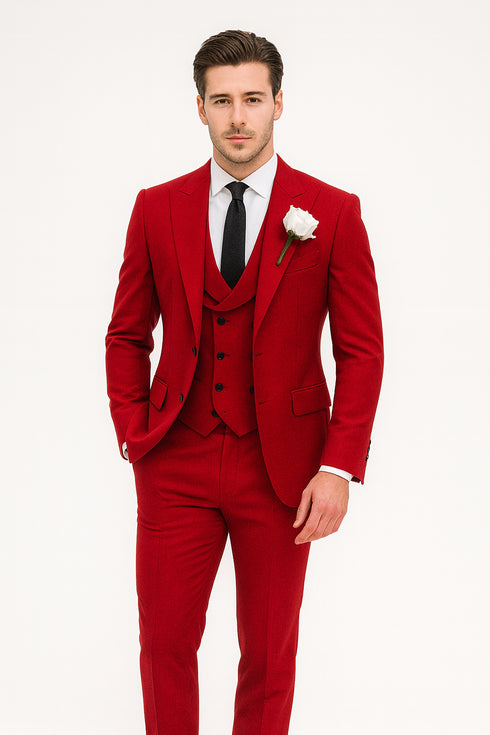 Red Slim Fit Peaked Lapel Wedding Groomsmen Suit with 3 Pieces