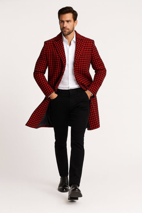 Men’s Red and Black Houndstooth Overcoat – Classic Wool Long Coat - Christmas Tartan Coat
