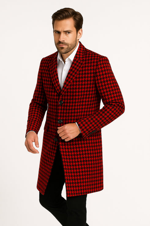 Men’s Red and Black Houndstooth Overcoat – Classic Wool Long Coat - Christmas Tartan Coat