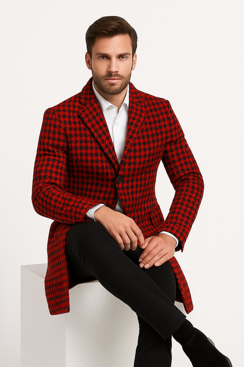 Men’s Red and Black Houndstooth Overcoat – Classic Wool Long Coat - Christmas Tartan Coat