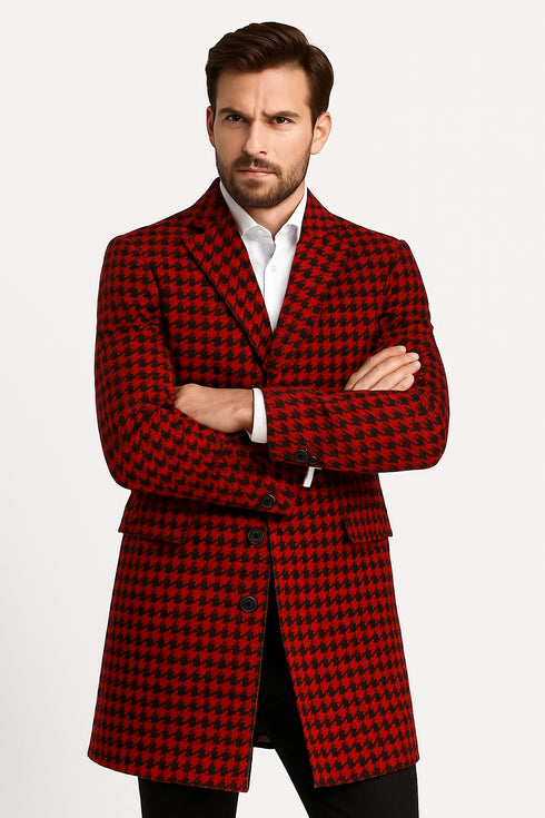 Men’s Red and Black Houndstooth Overcoat – Classic Wool Long Coat - Christmas Tartan Coat