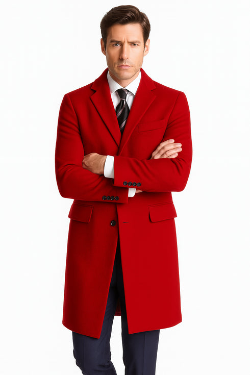 Mens Red Pea Coat-Three Quarter Wool Car Coat