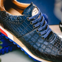 Zelli Rocco Hand-Burnished Crocodile Embossed Sneakers in Navy