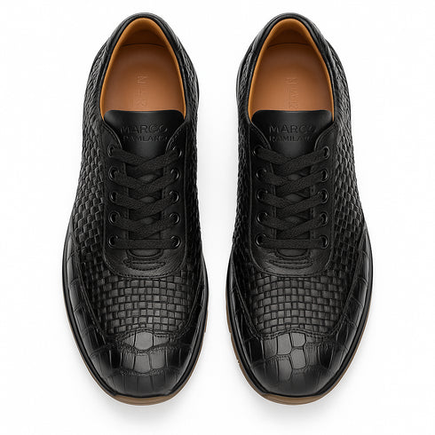 Marco Di Milano Roma Men's Shoes Black Genuine Caiman Crocodile / Woven Leather Fashion Sneakers