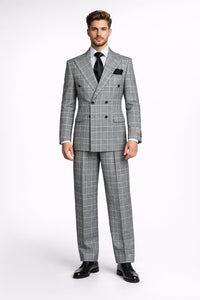 Suits With Baggy Pleated Pants - Wide Leg Pants 100% Wool - Classic Fit in Black and White Plaid Color by Rossiman
