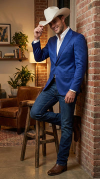Men’s Shiny Royal Blue Cowboy Blazer – Western Style Satin Finish Blazer for Party, Country Events and Evening Wear