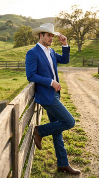 Men’s Shiny Royal Blue Cowboy Blazer – Western Style Satin Finish Blazer for Party, Country Events and Evening Wear