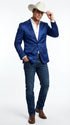 Men’s Shiny Royal Blue Cowboy Blazer – Western Style Satin Finish Blazer for Party, Country Events and Evening Wear