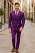 Mens Designer Modern Fit Double Breasted Wool Suit with Gold Buttons in Purple