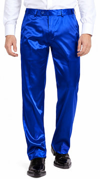 Mens Shiny Stretch Pants Solid Color Slim Fit Sateen Flashy Metallic Slacks in Color "Royal Blue"