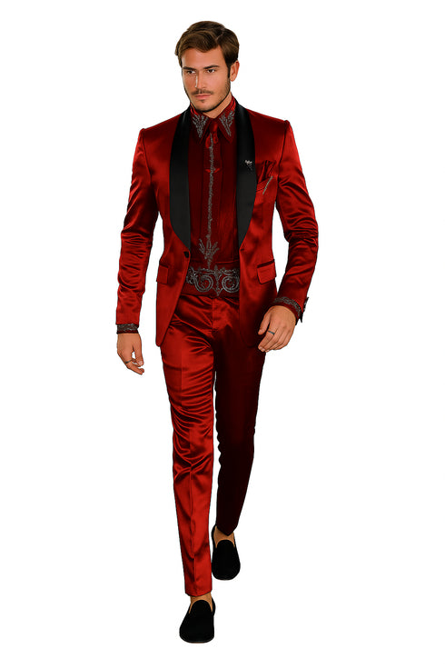 Sateen Fabric Suit - Shiny Tuxedo - Prom Suit - Groom Tuxedos - Red