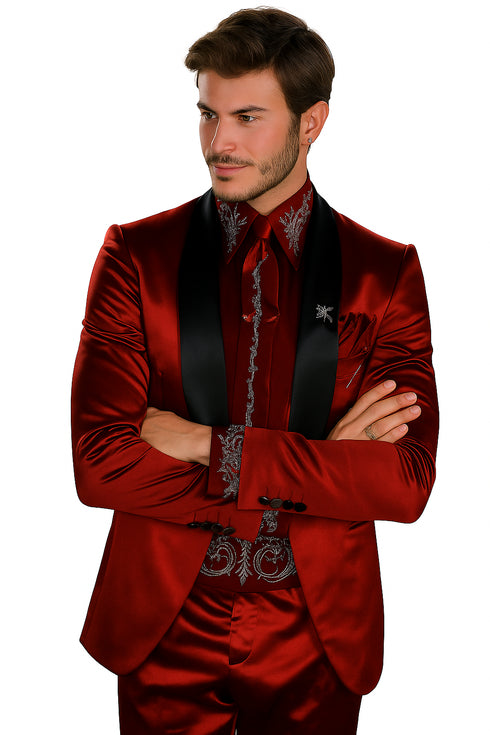 Sateen Fabric Suit - Shiny Tuxedo - Prom Suit - Groom Tuxedos - Red
