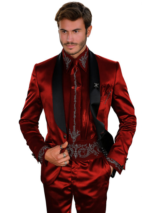 Sateen Fabric Suit - Shiny Tuxedo - Prom Suit - Groom Tuxedos - Red