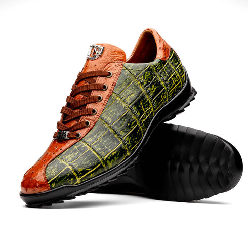 Marco Di Milano Saulo Green Exotic Ostrich and Alligator Casual Sneakers
