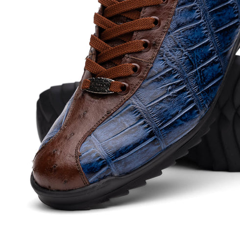 Marco Di Milano Saulo Blue Jeans Exotic Ostrich and Alligator Casual Sneakers