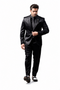 Men's Shiny Satin Charmeuse Metallic Stripe Sheen Monochromatic Pinstripe Suit By Rossiman in Color Black Tailored Fit + Matching Shirt Tie (4-Piece)