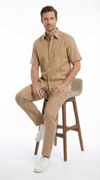 Mens Tan Embroidered Walking Suit Set – Short Sleeve Shirt and Pants Casual Summer Outfit for Vacation, Beach in khaki Beige Color