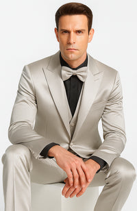 Tazzio Men's Silver Satin Double Breasted 3 Piece Skinny Fit Suit with Peak Lapel Vest and Matching Bowtie