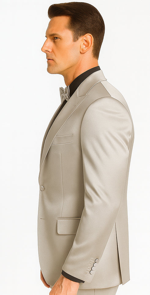 Tazzio Men's Silver Satin Double Breasted 3 Piece Skinny Fit Suit with Peak Lapel Vest and Matching Bowtie