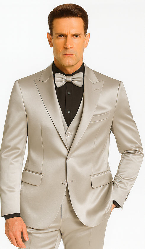 Tazzio Men's Silver Satin Double Breasted 3 Piece Skinny Fit Suit with Peak Lapel Vest and Matching Bowtie