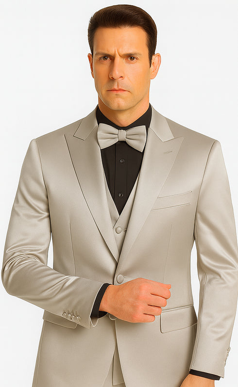 Tazzio Men's Silver Satin Double Breasted 3 Piece Skinny Fit Suit with Peak Lapel Vest and Matching Bowtie
