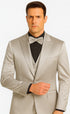 Tazzio Men's Silver Satin Double Breasted 3 Piece Skinny Fit Suit with Peak Lapel Vest and Matching Bowtie