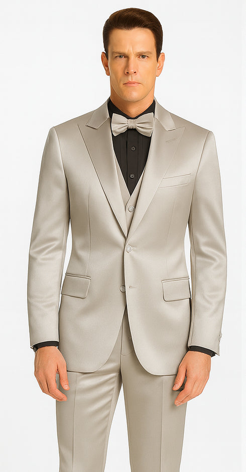 Tazzio Men's Silver Satin Double Breasted 3 Piece Skinny Fit Suit with Peak Lapel Vest and Matching Bowtie
