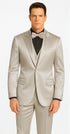 Tazzio Men's Silver Satin Double Breasted 3 Piece Skinny Fit Suit with Peak Lapel Vest and Matching Bowtie