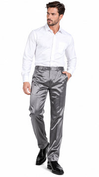 Mens Shiny Stretch Pants Solid Color Slim Fit Sateen Flashy Metallic Slacks in Color "Grey"
