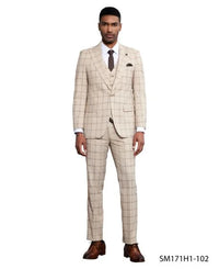 Stacy Adams Men's 3 Piece Hybrid Fit Suit - Twin Lined Windowpane