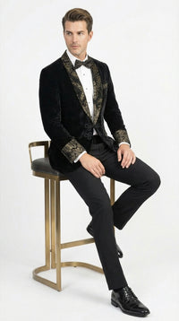 Men’s Smoking Jacket Black and Gold Embroidered Tuxedo Blazer – Luxury Velvet Formal Dinner Jacket with Paisley Lapel