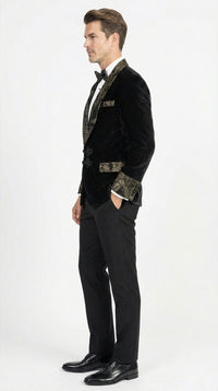 Men’s Smoking Jacket Black and Gold Embroidered Tuxedo Blazer – Luxury Velvet Formal Dinner Jacket with Paisley Lapel